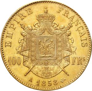 Francja, Napoleon III (1852-1870). 100 franków 1858 A, Paryż PCGS AU55