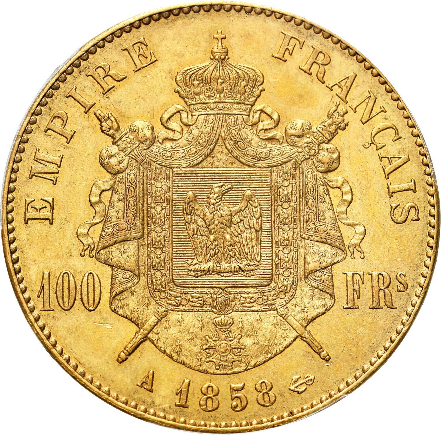 Francja, Napoleon III (1852-1870). 100 franków 1858 A, Paryż PCGS AU55