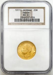 Niemcy, Badenia. Fryderyk II (1907–1918). 20 marek 1911 G, Karlsruhe NGC MS61 - PIĘKNE