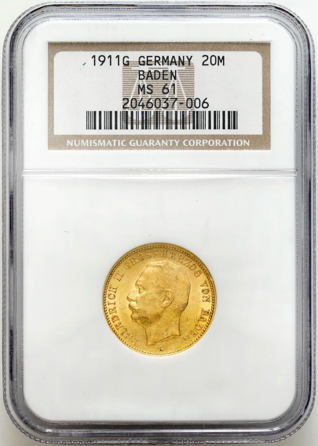 Niemcy, Badenia. Fryderyk II (1907–1918). 20 marek 1911 G, Karlsruhe NGC MS61 - PIĘKNE