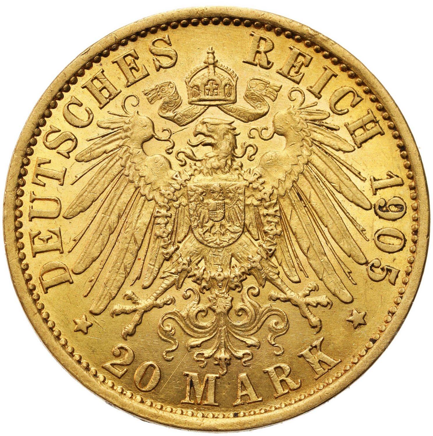 Niemcy, Prusy. Wilhelm II (1888–1918). 20 marek 1905 A, Berlin - BARDZO ŁADNE