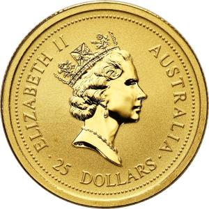 Australia. Elżbieta II 25 Dolarów 1998 KANGURY – 1/4 uncji złota