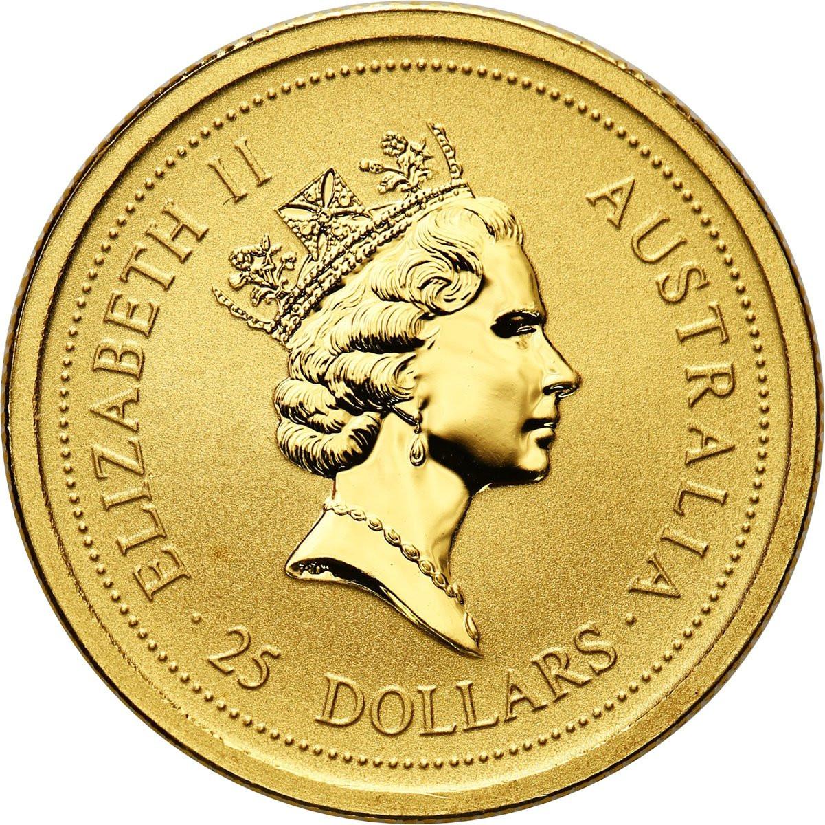 Australia. Elżbieta II 25 Dolarów 1998 KANGURY – 1/4 uncji złota