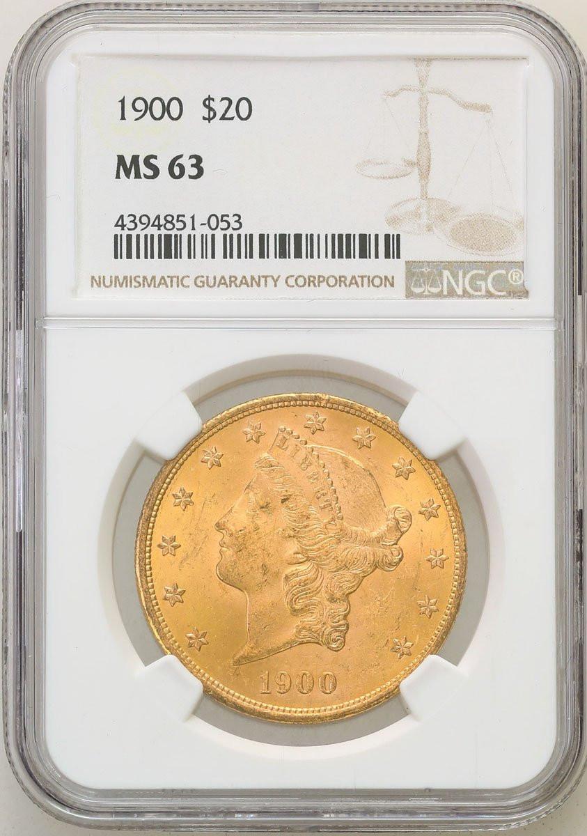 Amerykańskie złote 20 dolarów Liberty 1900 Fildaelfia NGC MS63