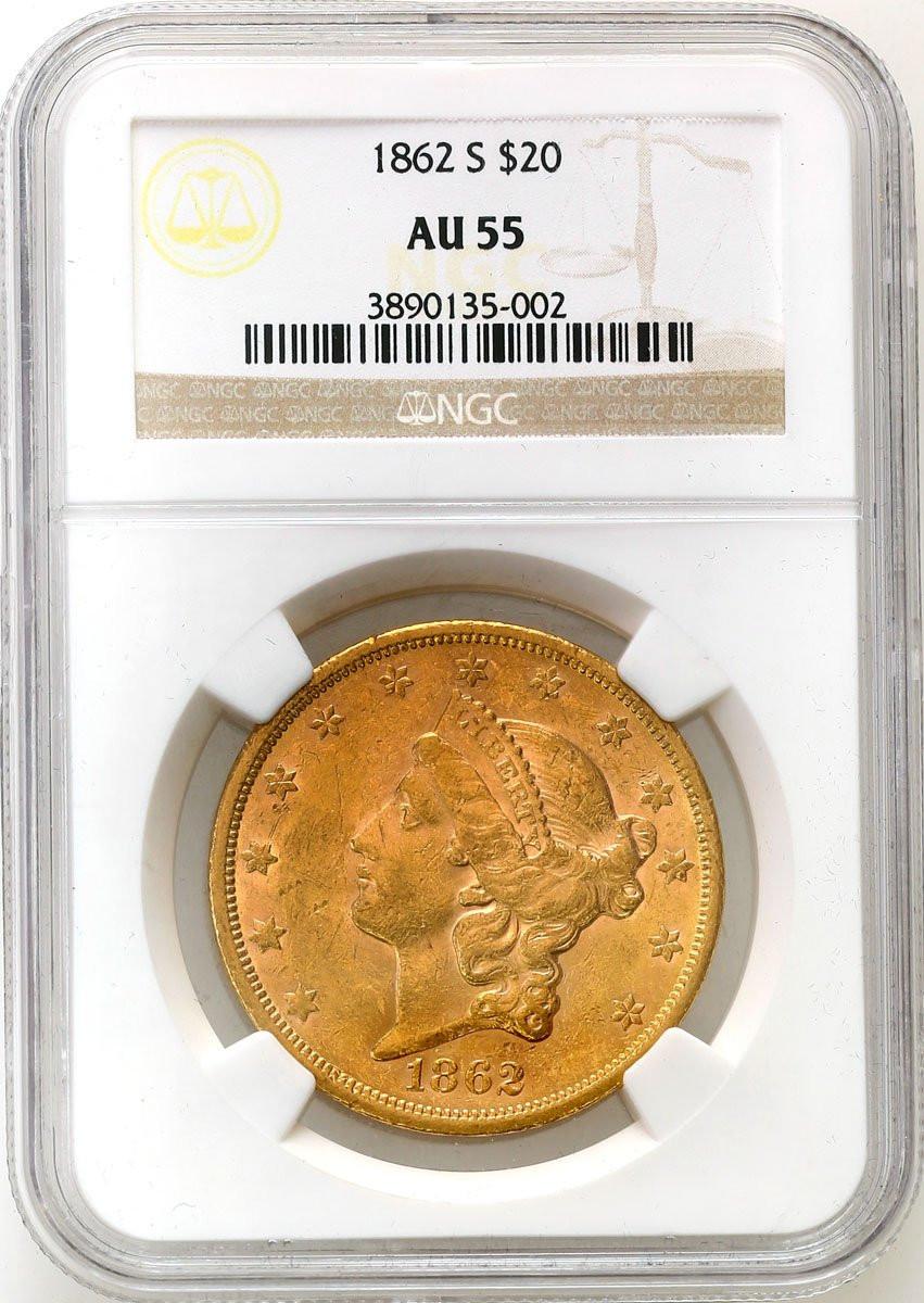 USA. 20 dolarów 1862 S San Francisco NGC AU55