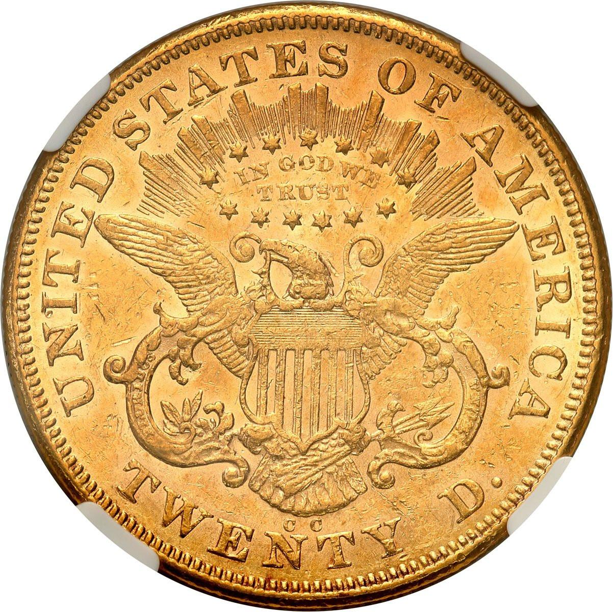 USA. 20 dolarów 1876 CC, Carson City NGC AU55+ RZADKIE