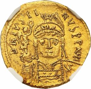 Bizancjum. Justin II (565-578). Solidus 567-578, Konstantynopol NGC AU 5/5 2/5