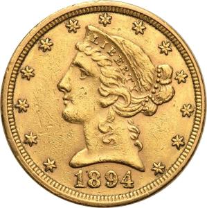 USA 5 dolarów 1894 Filadelfia st. 1-/2+