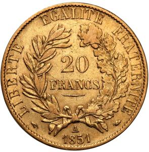 Francja. 20 franków 1851 A II Republika st. 2+