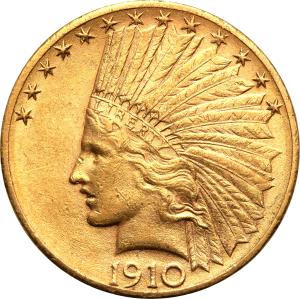 USA. 10  $ dolarów Indianin 1910 D Denver st.2+