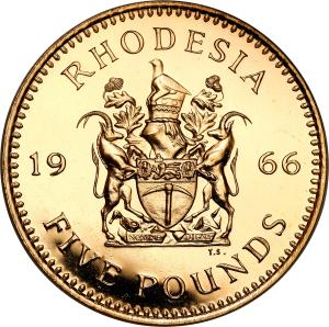 Rodezja. Elżbieta II 5 funtów 1966 st.1 – tylko 3000 egz.