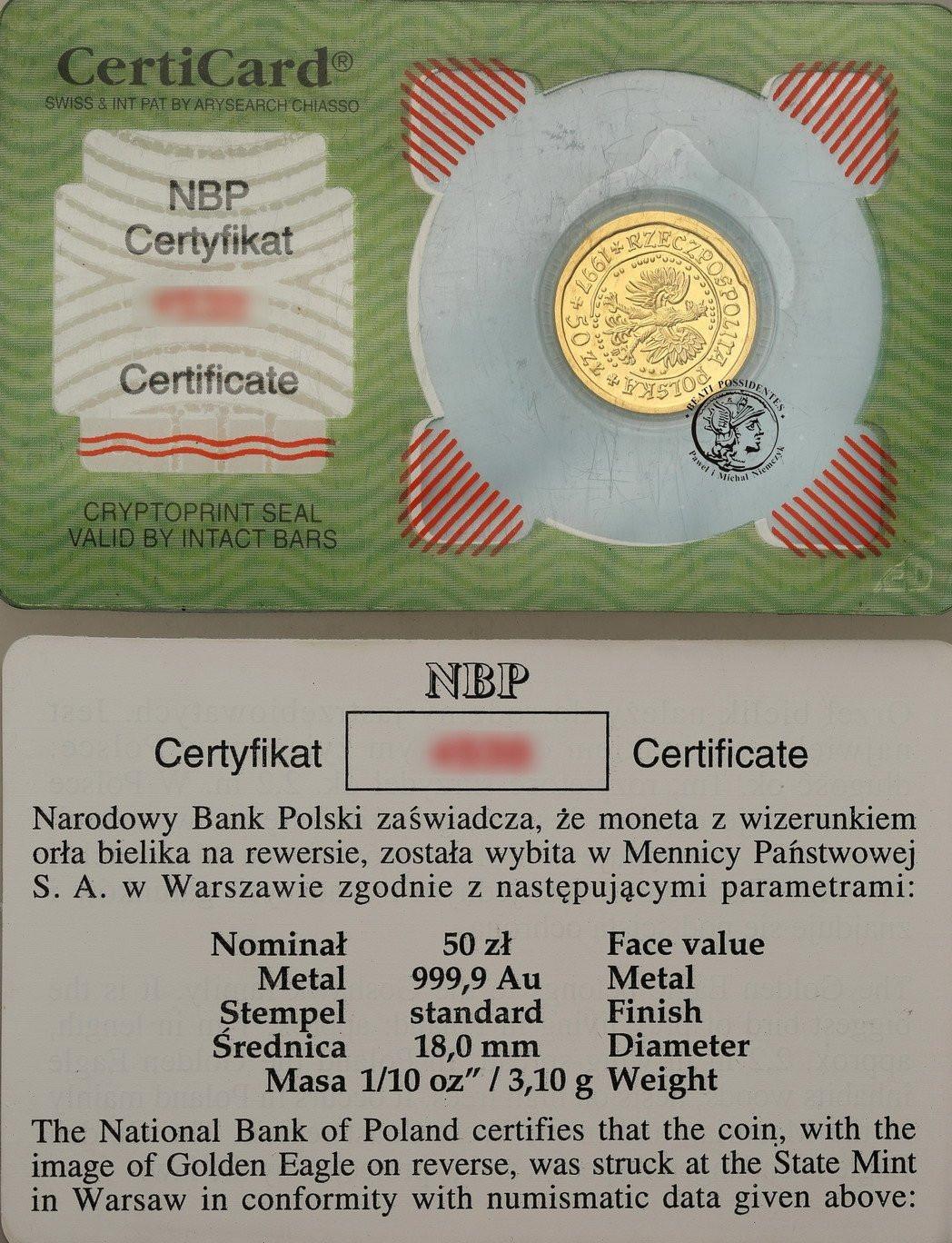 Polska. 50 złotych 1997 Orzeł Bielik – 1/10 UNCJI ZŁOTA st.1