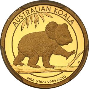 Australia. 15 dolarów 2016 Koala PCGS PR70 DCAM (MAX) 1/10 uncji złota