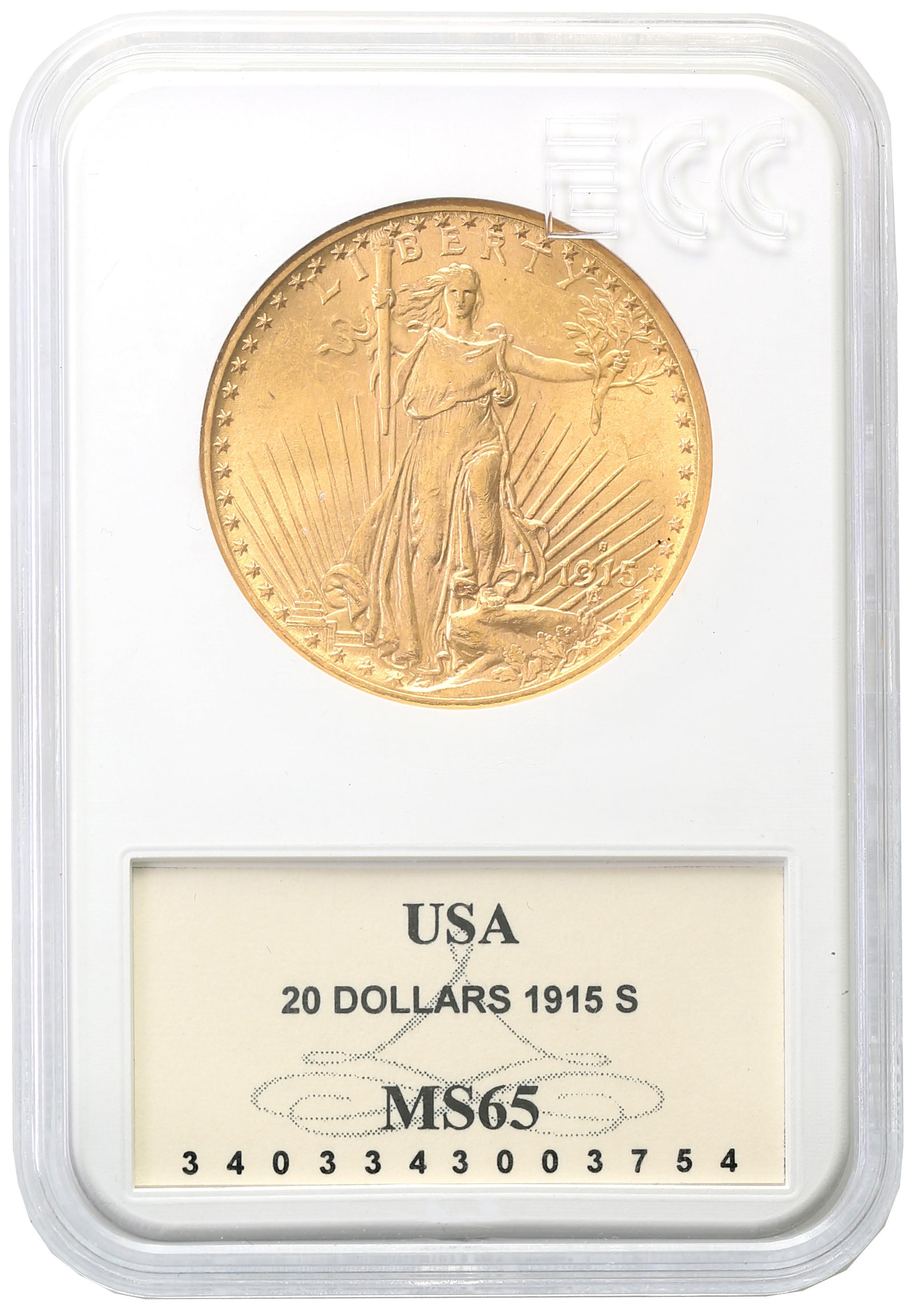 USA. 20 dolarów Saint Gaudens 1915 S – San Francisco GCN MS65