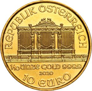 Austria. 10 euro 2020 Filharmonicy (1/10 uncji złota) st.1
